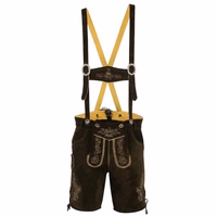 A traditional men's dark brown leather short pant, viewed from the front. The pant features suspenders, a side knife pocket, a button closure, and belt loops. Designed in German trachten style, it offers an adjustable fit for comfort.