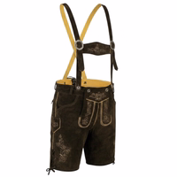 Profile view of men's traditional short leather pants in dark brown suede, featuring a side knife pocket, button closure, and adjustable back cords. A stylish and high-quality fashion item available for online purchase.