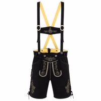 Vorderansicht einer klassischen schwarzen kurzen Lederhose mit elegantem, traditionellem Design. Ausgestattet mit praktischer Messertasche, sicherem Knopfverschluss und verstellbarer Rückenschnürung für eine individuelle Passform. Gefertigt aus 100 % Premi