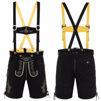Vorder- und Rückansicht einer klassischen schwarzen Trachtenlederhose mit Hosenträgern. Diese Lederhose verfügt über Gürtelschlaufen, eine seitliche Messertasche und eine verstellbare Passform mit Schnürung. Zusätzlich ist sie mit einem Knopfverschluss für