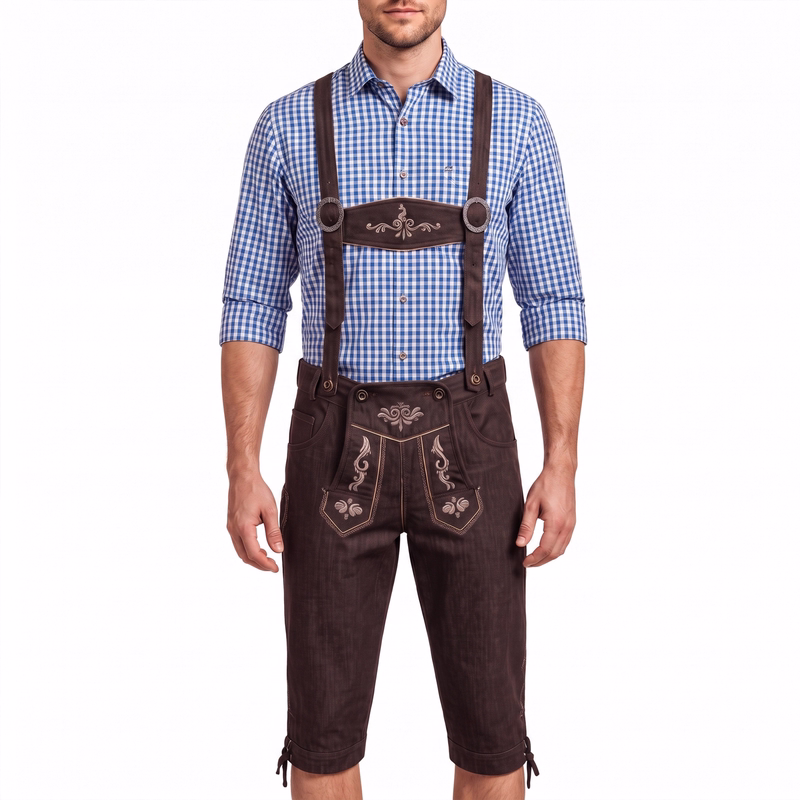 Trachten Kniebundhose Herren Jeans Hose mit Hosenträgern Stickerei