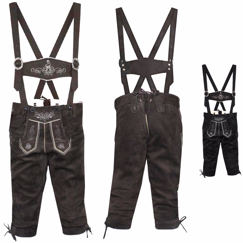 Boys’ Traditional Leather Trousers with Suspenders Front and Back view of Boys’ Traditional Dark Brown Leather Trousers with Suspenders, crafted for Oktoberfest and daily comfort with adjustable cords and button closure, kids’ Bavarian pants shop buy online