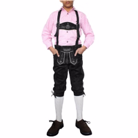 Front view of Boys’ Traditional Black Leather Trousers with Suspenders, featuring adjustable back cords, button closure and authentic Bavarian design for kids’ festival outfit get now buy online