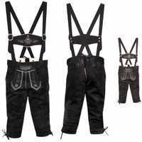 Front and Back view of Boys’ Traditional Black Leather Trousers with Suspenders, crafted for kids’ Oktoberfest with adjustable cords, button closure and Bavarian style pants buy online at German wear