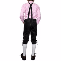 Back view of Boys’ Traditional Black Leather Trousers with Suspenders, crafted with adjustable cords and button closure, offering lasting comfort and authentic Bavarian style pants for kids buy now online