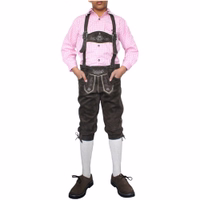 Boys’ Traditional Leather Trousers with Suspenders Front view of Boys’ Traditional Dark Brown Leather Trousers with Suspenders, featuring adjustable back cords and authentic Bavarian design for kids’ Oktoberfest outfit get now at German wear boys’ shop