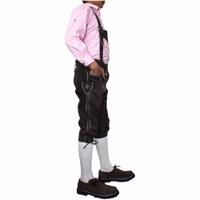Boys’ Traditional Leather Trousers with Suspenders Side view of Boys’ Traditional Dark Brown Leather Trousers with Suspenders, showcasing adjustable height belt, fine stitching and Bavarian style design for Oktoberfest kids’ outfit get now online