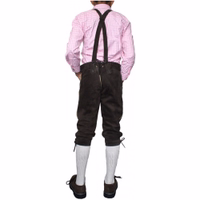 Boys’ Traditional Leather Trousers with Suspenders Back view of Boys’ Traditional Dark Brown Leather Trousers with Suspenders, showing adjustable back cords, button closure and traditional German styling for kids’ Bavarian pants shop buy now online