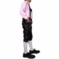 Boys’ Traditional Leather Trousers with Suspenders Side view of Boys’ Traditional Black Leather Trousers with Suspenders, showing adjustable belt, fine stitching and traditional German details, perfect kids’ outfit for Oktoberfest get now buy online