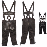 Boys’ Traditional Leather Trousers with Suspenders Front and Back view of Boys’ Traditional Dark Brown Leather Trousers with Suspenders, crafted for Oktoberfest and daily comfort with adjustable cords and button closure, kids’ Bavarian pants shop buy online