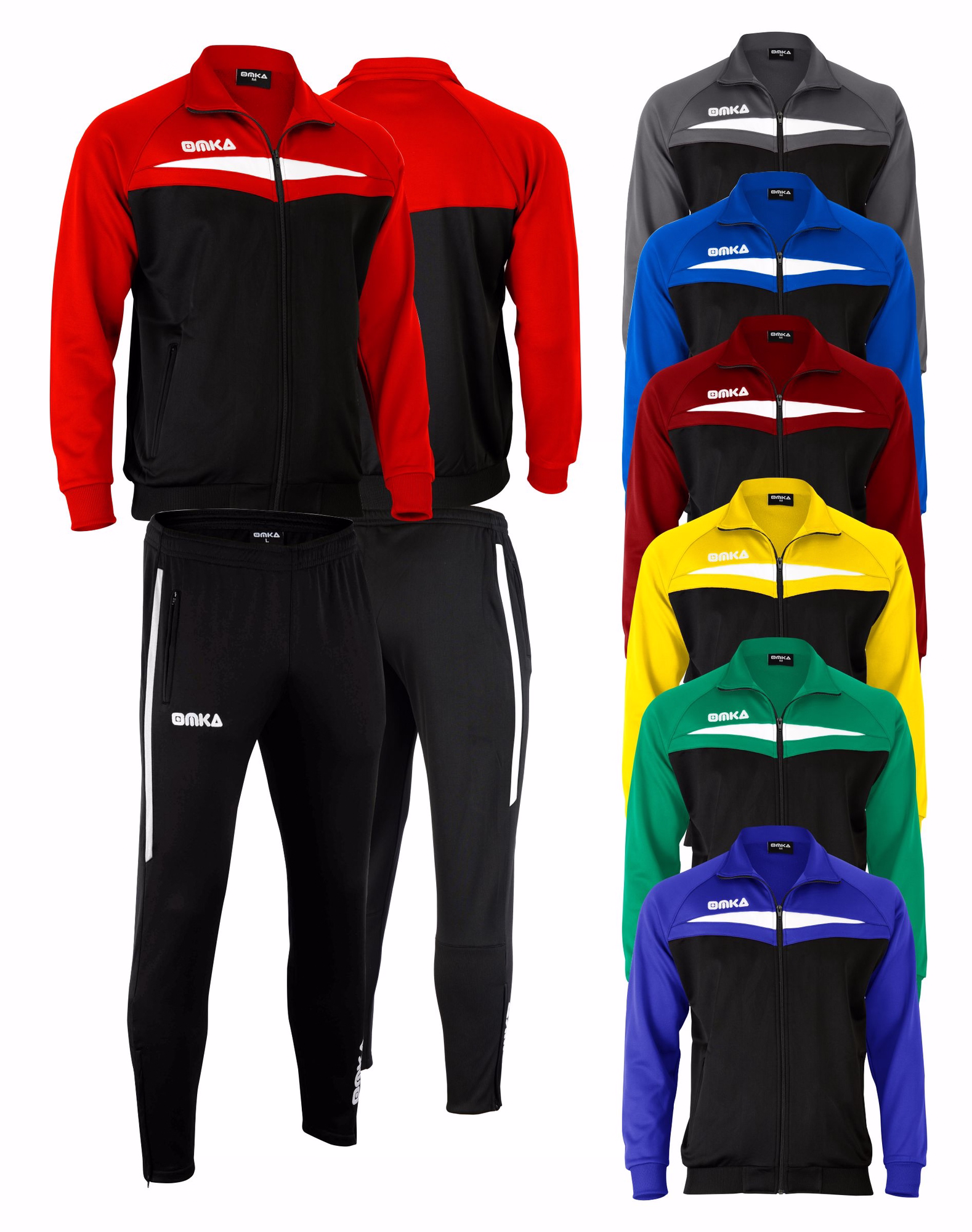 Rote Hose und Jacke, Vorder- und Rückansicht des OMKA-Trainingsanzugs – atmungsaktives Polyester mit Fleecefutter, strapazierfähiger und stilvoller Herren-Sportanzug zum Joggen, Trainieren und für die Freizeit.