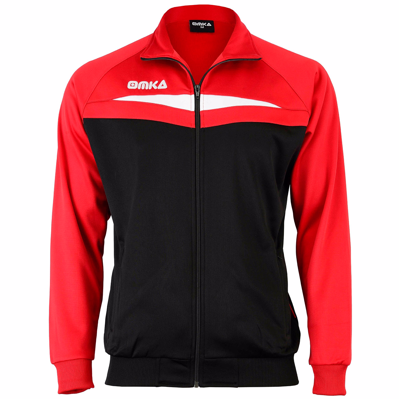 Rote Jacke von vorne – stilvolle OMKA-Sportjacke aus Polyester für Herren, atmungsaktiv, mit Fleece gefüttert, strapazierfähig, zum Joggen, Trainieren und für die Freizeit.