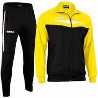Gelbe Hose und Jacke von vorne – OMKA Polyester-Trainingsanzug mit Fleecefutter, atmungsaktiv und strapazierfähig, stilvoller zweiteiliger Anzug für Herren zum Joggen, Trainieren und für die Freizeit.