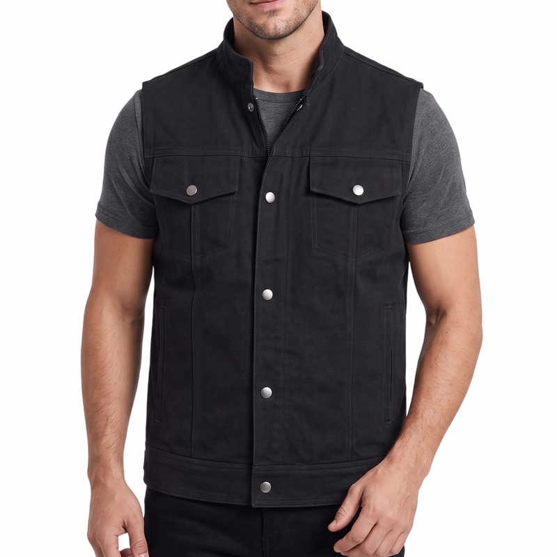 Denim Motorrad Biker Kutte Weste Bikerweste Motorradweste Stehkragen schwarz