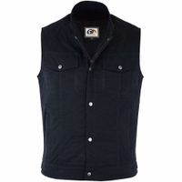 Unleash your rebel with unparalleled denim motorcycle vest. Front view, Designed for the modern rider, combines classic denim with premium lamb Nappa leather accents. Dominate the streets with confidence &style. In Stock. FREE next business day delivery