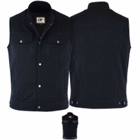 Elevate your biker style with an exclusive quality denim leather motorcycle vest Front&Rear view. Crafted with precision, it features lamb Nappa leather stripes for a touch of luxury. Embrace the road in unparalleled comfort &style