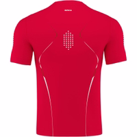 Omka Teamwear Football jersey 100% Calfskin Back view of a sports jersey featuring a striped design. Made from 100% polyester, it has a round neck and short sleeves. The jersey is crafted with breathable fabric and includes a double-layered construction for added comfort and durability.