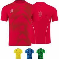 Omka Teamwear Football jersey 100% Calfskin Front and rear views of a red Omka sport jersey featuring a breathable, short-sleeved design. The jersey boasts a round neck with a D-shaped collar, a lightweight, double-layered construction, and a striped pattern for a dynamic look.