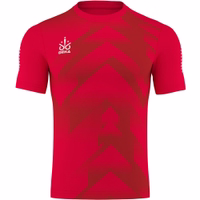 Omka Teamwear Football jersey 100% Calfskin A red Omka sports jersey designed for volleyball and handball, featuring a sweat-absorbing fabric made from 100% polyester. The jersey has a short-sleeve design and a stylish striped pattern, making it a great fan article for sports enthusiasts.