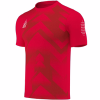 Omka Teamwear Football jersey 100% Calfskin Side view of a red Omka sports jersey with a striped pattern. Made from 100% polyester, it features a round neck, short sleeves, and a breathable fabric. The jersey includes a pull-on closure and a double-layered design for extra durability.