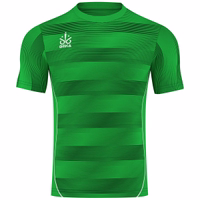 Front view of a men's Omka sports jersey featuring short sleeves and a round neckline. The jersey boasts a striped pattern and is designed as a fan article for the World Championship. Ideal for football enthusiasts.