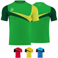 Men's OMKA Teamwear Football Shirt Front and back views of the OMKA green sports jersey with lime and dark green accents. It features a round neck, and short sleeves, and is made from durable, double-layered, sweat-absorbing fabric with vibrant digital prints for a high-performance look.