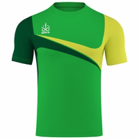 Men's OMKA Teamwear Football Shirt Front view of the Omka men's football jersey in vibrant green. This short-sleeve jersey is made from 100% durable polyester and features a sleek, digital print design. Ideal for sports enthusiasts looking for both style and performance.