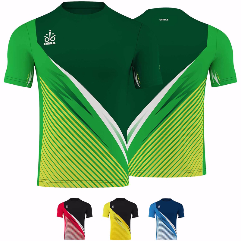 OMKA Team Sport Fußballtrikot Vorder und Rückansicht des OMKA Team Sport Fußballtrikots in Grün mit atmungsaktivem Mikropolyester, Rundhalsausschnitt, kurzen Ärmeln und digitalem Streifenmuster für Profisportler, jetzt online kaufen