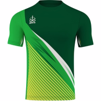 OMKA Team Sport Soccer Jersey Front view of OMKA Team Sport Soccer Green Jersey highlighting lightweight athletic design, short sleeves, round neck, and striped digital print pattern built for comfort and performance, buy now