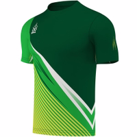 OMKA Team Sport Soccer Jersey Side view of OMKA Team Sport Soccer Green Jersey featuring breathable fabric, double layered sweat absorption, athletic cut, and stylish striped digital print for team sports players, get now