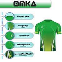 OMKA Trikot Teamsport Teamwear Herren-Sporttrikot von Omka in Grün mit Rundhalsausschnitt, kurzen Ärmeln und langlebiger, doppellagiger Verarbeitung. Das Trikot besticht durch ein atmungsaktives Design mit Streifenmuster für zusätzlichen Stil und Belüftung.