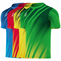 Show of four OMKA Team Sport Soccer Jerseys in Green Yellow Blue and Red crafted from breathable double layered micro polyester with round neck durable design and athletic fit for peak performance buy online today
