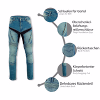 BULLDT Motorbike Jeans, feature removable Aramid Protectors enhance safety. Made from 100% cotton, they boast 4 outer pockets, belt loops, thigh ventilation zippers, back pockets, a body-hugging cut with a stretchy back panel, in stock with free delivery