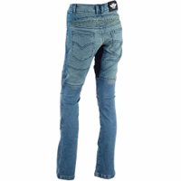 Rear side view of Blue classic premium quality BULLDT Motorcycle denim jeans, Comes with laces to fit a belt. Buy online today, In stock, premium product. Free return world wide