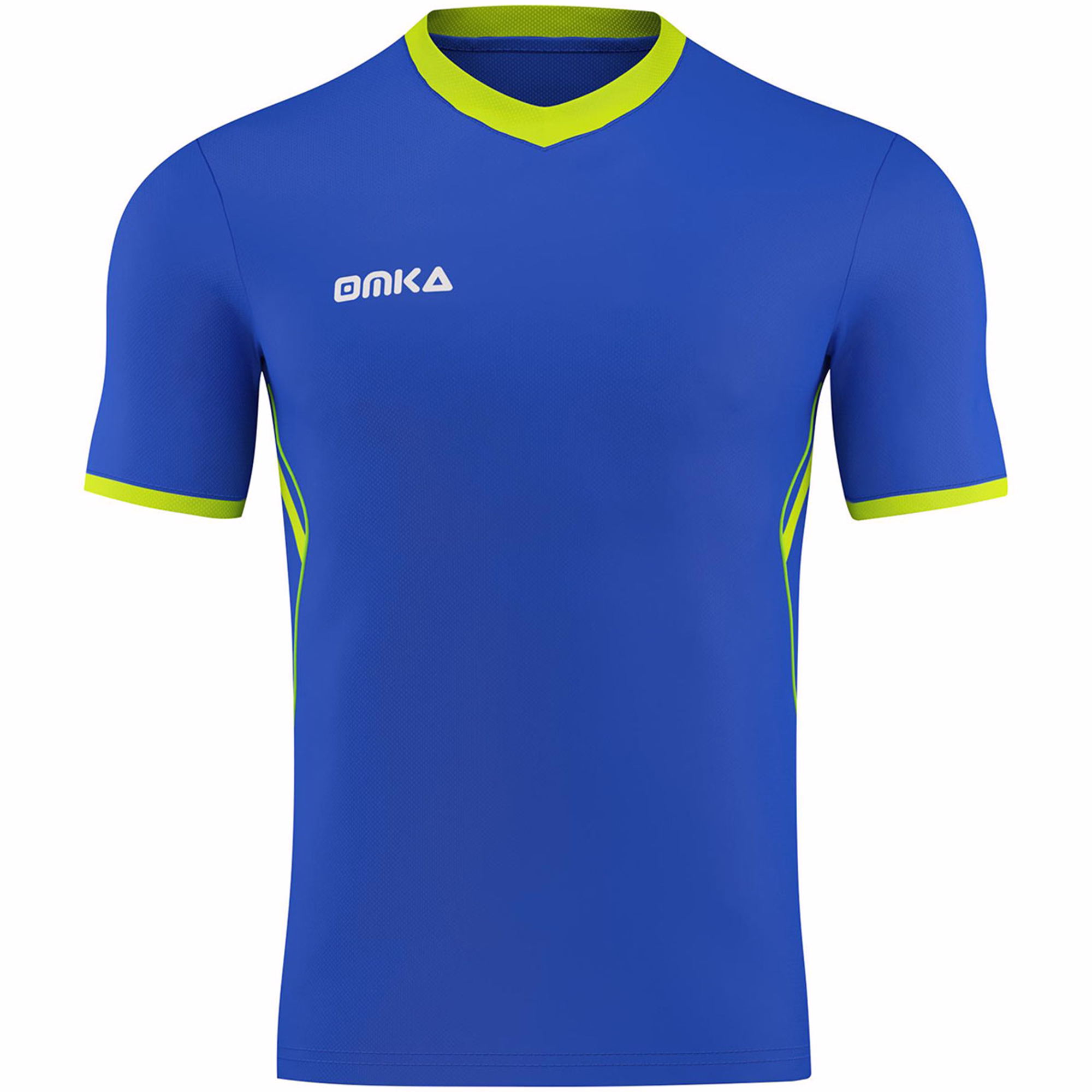 OMKA blaues Sporttrikot, Vorderansicht. Hergestellt aus hochwertigem, atmungsaktivem Polyestergewebe, ideal für Fußball-Teamwear, Laufen und Fitness-Sessions.