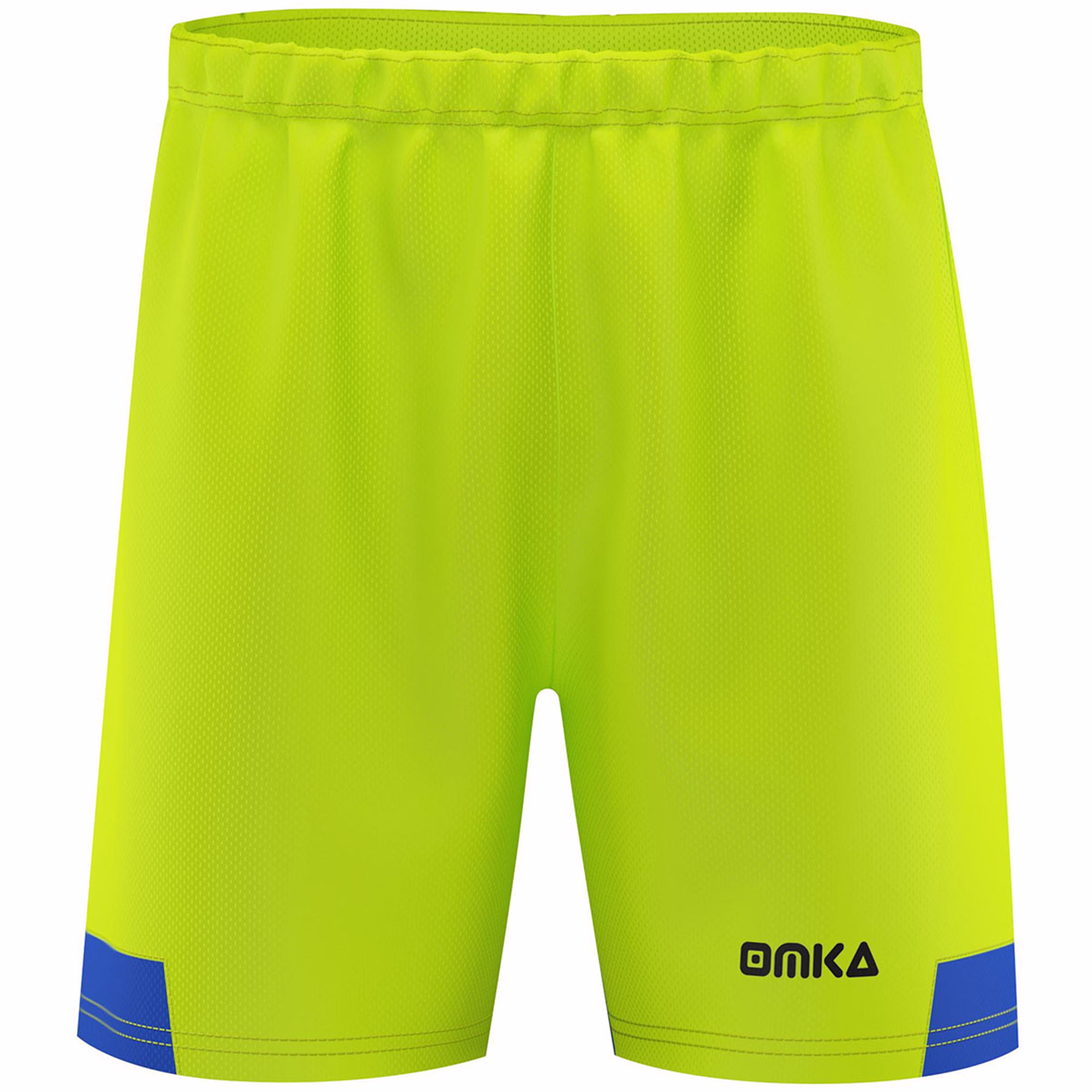 OMKA blaue Shorts, Vorderansicht. Strapazierfähige Polyester-Shorts für Mannschaftssportarten und Fitness. Passt perfekt zu den OMKA-Sporttrikotsets.