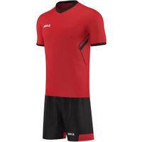 OMKA Men's Jersey Set, Size 6, 2-Piece Teamwear (Jersey + Shorts) OMKA red jersey and shorts set front view. High-quality breathable micro polyester sportswear for men. Perfect teamwear jersey set for soccer, fitness, and running.