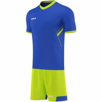 OMKA Men's Jersey Set, Size 6, 2-Piece Teamwear (Jersey + Shorts) OMKA blue jersey and shorts set front view. Premium breathable micro polyester sportswear with double-layer sweat control for soccer and fitness training.