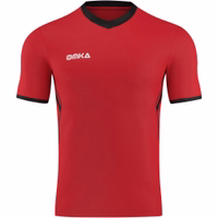 OMKA Men's Jersey Set, Size 6, 2-Piece Teamwear (Jersey + Shorts) OMKA red sports jersey front view. Made from breathable micro polyester with sweat-absorbing double layer. Ideal for soccer, running, and team training sessions.