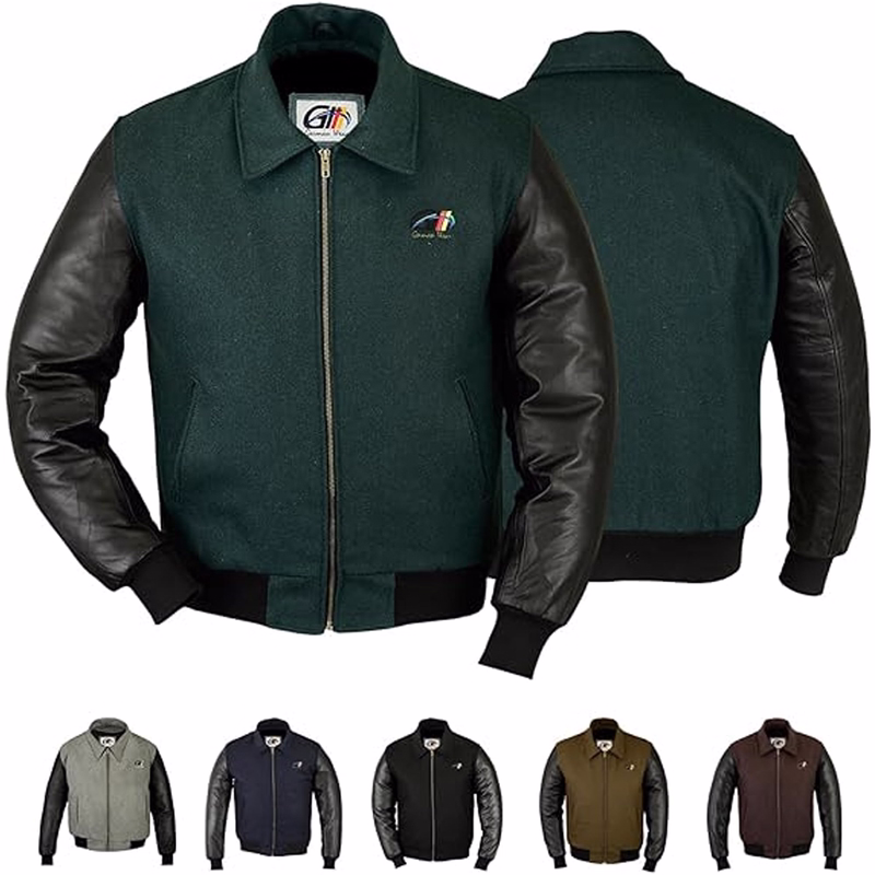 Motorcycle leather College Jacket Men's motorcycle college jacket in dark brown is presented in both front &rear views, highlighting its stylish design. Crafted with leather sleeves made from 100% lamb nappa leather, it exudes luxury &durability