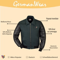 Men's motorcycle college jacket in Green from the front. Crafted with 100% acrylic outer material and a quilted polyester lining. Features elastic waistband and cuffs with elastane for flexibility.
