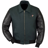 Men's motorcycle college jacket in Green from the front. Crafted with 100% acrylic outer material and a quilted polyester lining. Features elastic waistband and cuffs with elastane for flexibility.