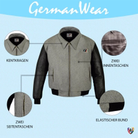 In der Rückansicht zeigt die graue Herren-Motorradjacke zwei Taschen auf Bauchhöhe links und rechts. Außerdem verfügt sie über zwei Innentaschen auf Brusthöhe, von denen eine mit einem Reißverschluss verschlossen wird.