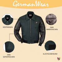 Men's motorcycle college jacket in Green from the front. Crafted with 100% acrylic outer material and a quilted polyester lining. Features elastic waistband and cuffs with elastane for flexibility.