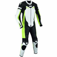 Einteiliger Motorradanzug aus Leder Seitenansicht des hochwertigen einteiligen gelben Motorrad Lederanzugs Er verfügt über Metallverstärkungen an Schultern und Ellbogen für erhöhte Haltbarkeit und Sicherheit Zudem mit abnehmbaren und austauschbaren Knieslidern Heute kaufen