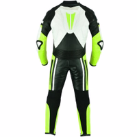 Einteiliger Motorradanzug aus Leder Rückansicht des einteiligen gelben Motorrad Lederanzugs mit Rückenwölbung, Modell BULLDT GW412K-F, garantiert hohe Sichtbarkeit durch fluoreszierendes Material Das winddichte Design sorgt für klare Sichtbarkeit auf der Straße Kostenlose Lieferung