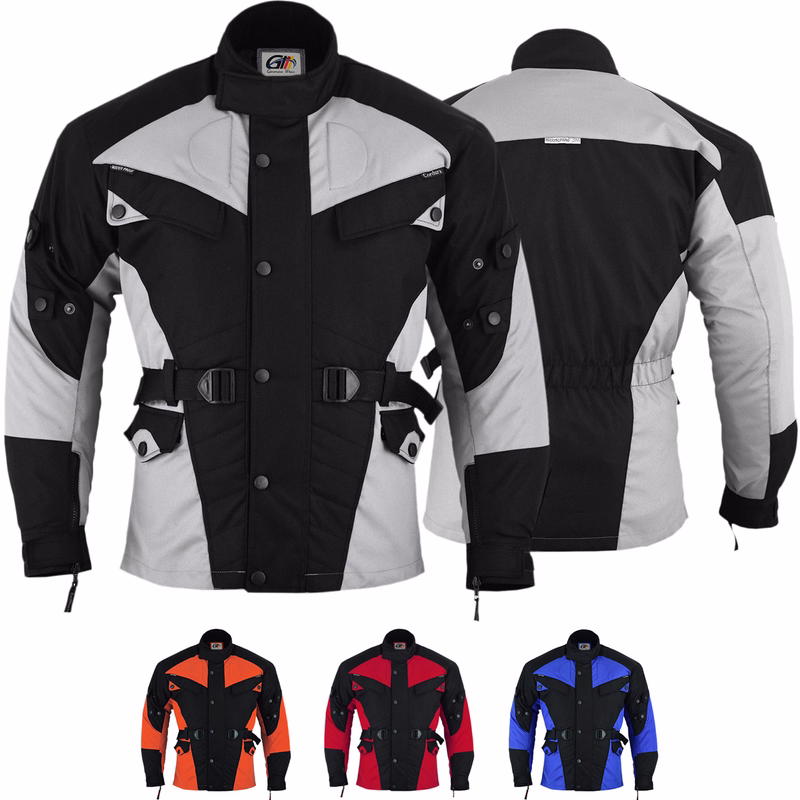 Cordura Textile Motorcycle jacket Water resistant Cordura men's motorcycle jacket in grey showcases both front &rear views. It is equipped with protectors for arms, chest, shoulders, elbows, &back. Additionally, it features 2inner pockets closed by a zipper and is available in three additional colors.