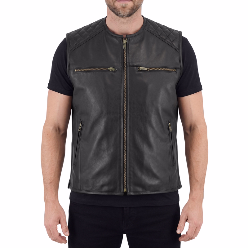 Motorrad Kutte Lederweste Bikerweste Motorradweste Kragenlose schwarz