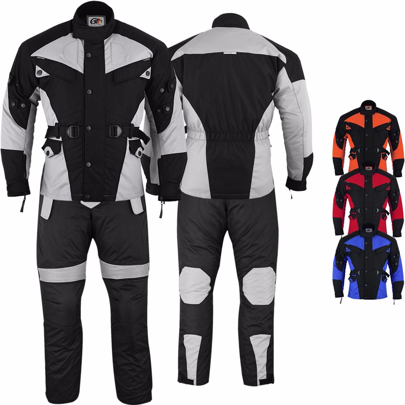 Cordura Motorcycle 2-piece Combi-Set Elevate your ride with Cordura Motorcycle Combi-Set in front& rear view in vibrant colors like Red, Orange,& Blue. Enjoy extensive protection with numerous approved protectors on arms, chest,& back