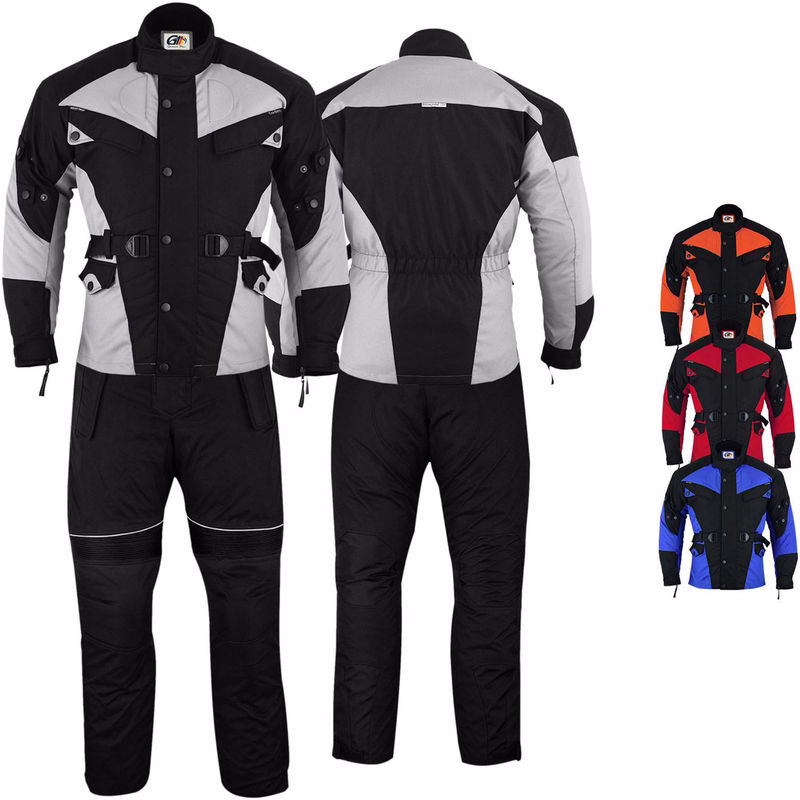 Cordura Motorrad 2-teiliger Kombi-Set Erleben Sie erhöhten Fahrkomfort mit dem Cordura-Motorrad-Kombiset in Vorder- und Rückansicht in leuchtenden Farben wie Rot, Orange und Blau. Umfangreicher Schutz durch zahlreiche geprüfte Protektoren an Armen, Brust und Rücken.
